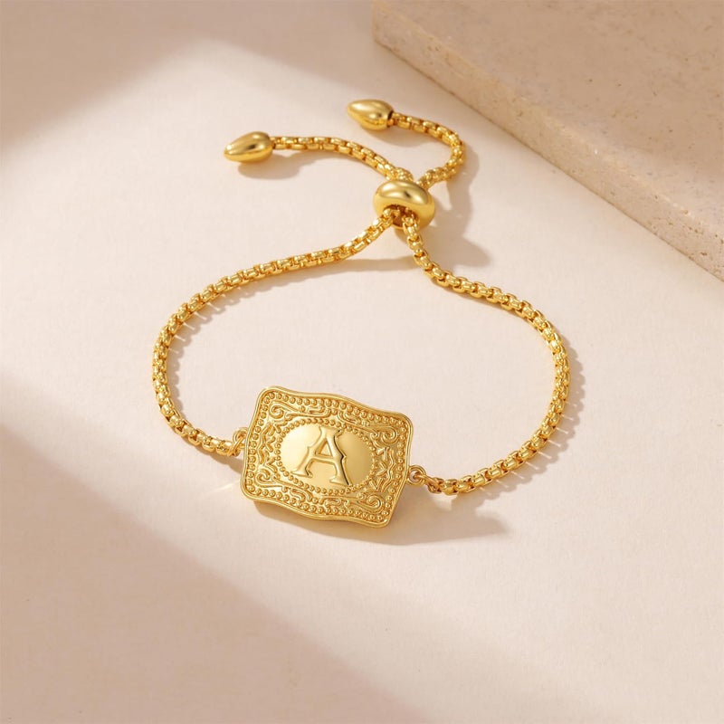 ROJHOL Store Gold Silver Initial Bracelet for Women, 18K Gold Plated Mini Belt Buckle Initial Bracelet, Letter A-Z Charm Bracelet Unique Western Jewelry Gifts for Women Men - Image 2